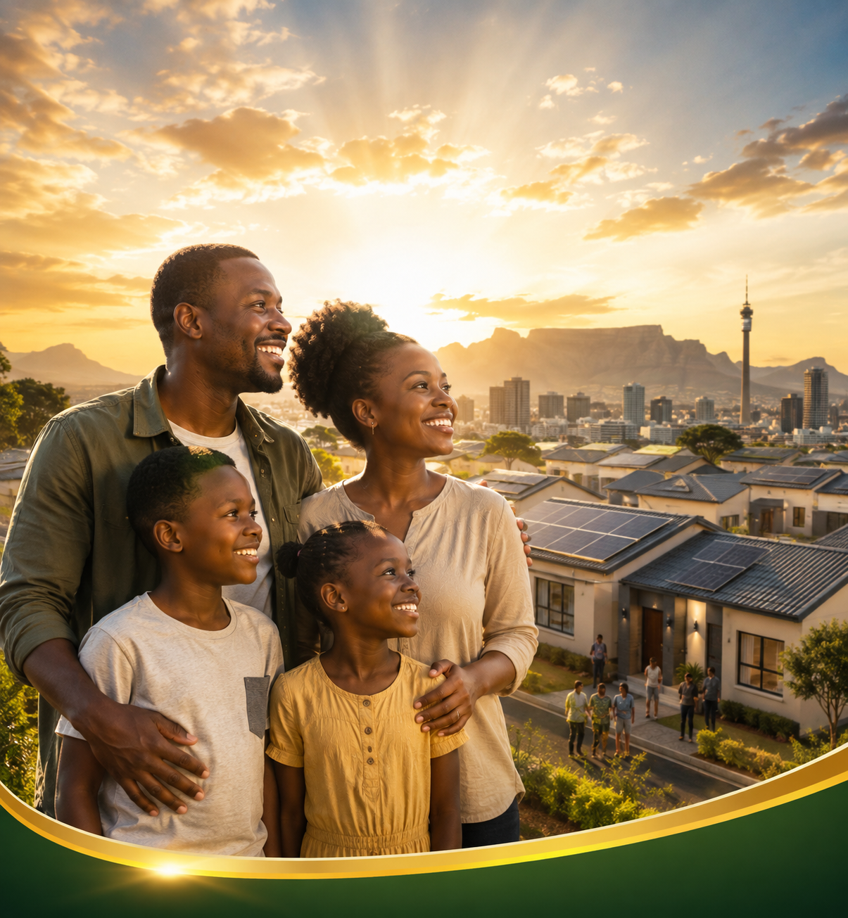 South African housing landscape — informal settlements and formal housing near Table Mountain