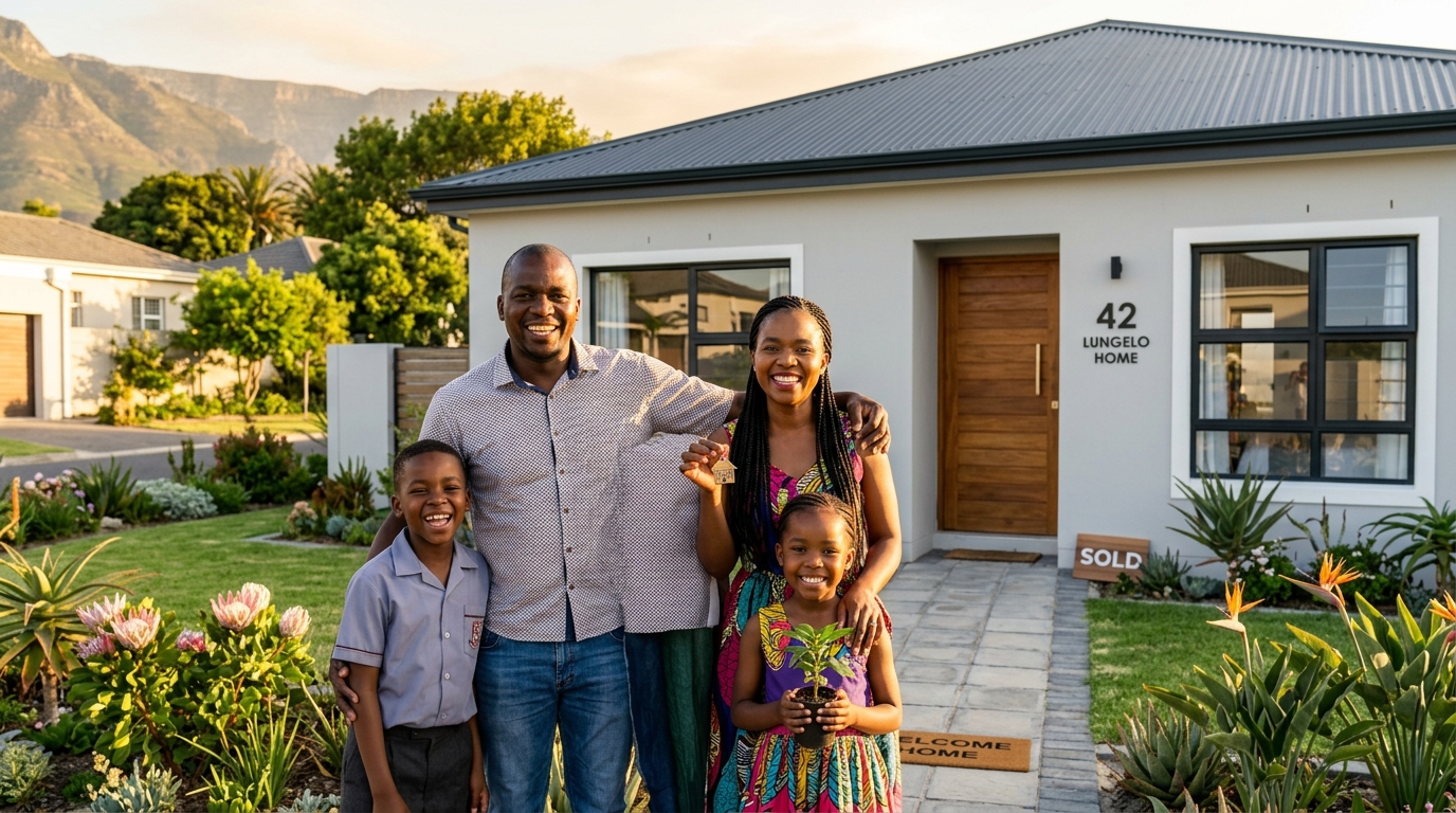 Happy South African family in front of their new home